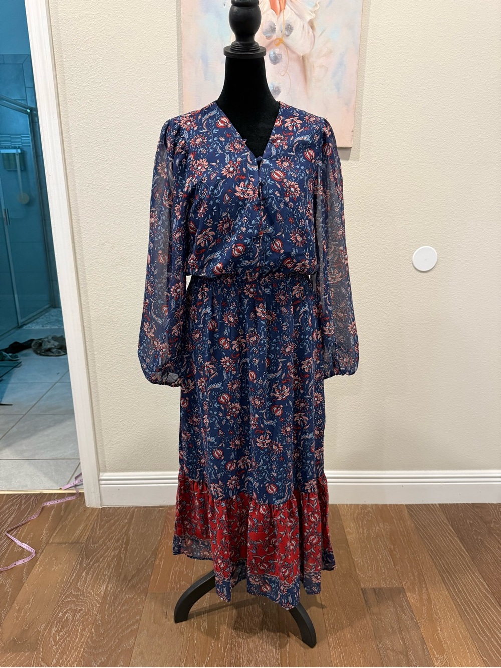 AQUA midi dress dark floral long sleeves prairie feminine M